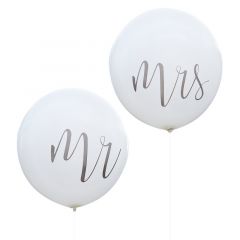 Ballong Hvite med tekst Mr and Mrs  90 cm, 2 stk