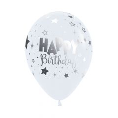 Ballonger Happy Birthday Hvit/Sølv 30cm, 12 PK