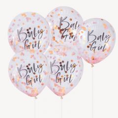 Ballong med Confetti i Baby Girl Rosa 30 cm, 5 stk